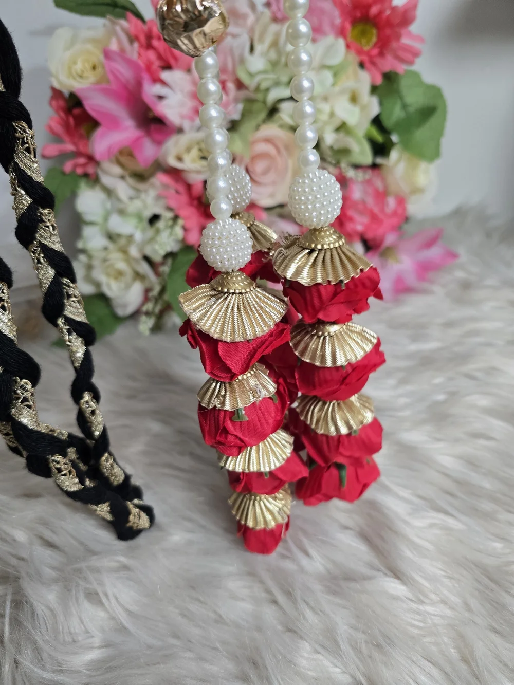 Handcrafted Black & Red Floral Braided Hair Accessory